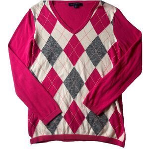 Tommy Hilfiger Women’s S Argyl Plaid Pink Pullover V Neck Sweater Preppy Winter